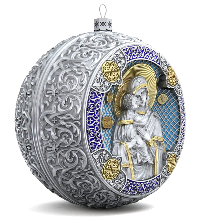 Gift set with balls and icon "Kazan Mother of God" made of silver, 2 balls